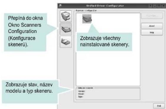 Přepíná do okna Okno Scanners Configuration (Konfigurace skenerů). Zobrazuje všechny nainstalované skenery. Zobrazuje stav, název modelu a typ skeneru.