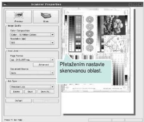 Scanner Properties Preview Scan Page Quality Color Composition Color: 15 Million Colors Resolution Limit: 300 Scan Area Page Format: Alt - 215:207 mm Advanced Document Resource Auto Job Type: Standard Job Delete Save Save As... Default Přetažením nastavle skenovanou oblast. Reset F1 for Help: