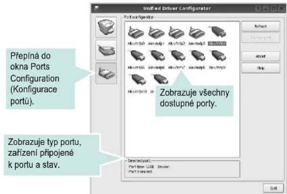Přepiná do okna Ports Configuration (Konfigurace portů). Zobrazuje typ portu, zařízení připojené k portu a stav. Port configuration zobrazuje všechny dostupné portu. Zobrazuje typ portu, zařízení připojené k portu a stav. Port type: USB Device Port type: USB Edit