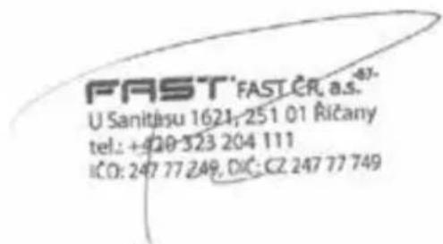 FAST' FAST CR. a.s. U Sanitisu 1621; 251 01 Ričany tel.: +420-323 204 111 ICO: 247 77 249. DIC: CZ 247 77 749