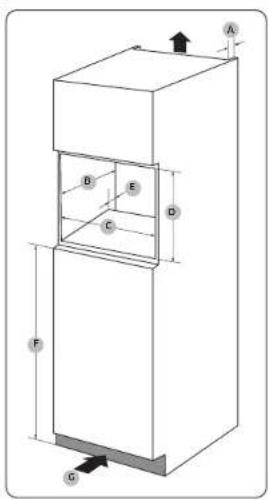 Technical diagram of a multi-story refrigerator with labeled dimensions and components