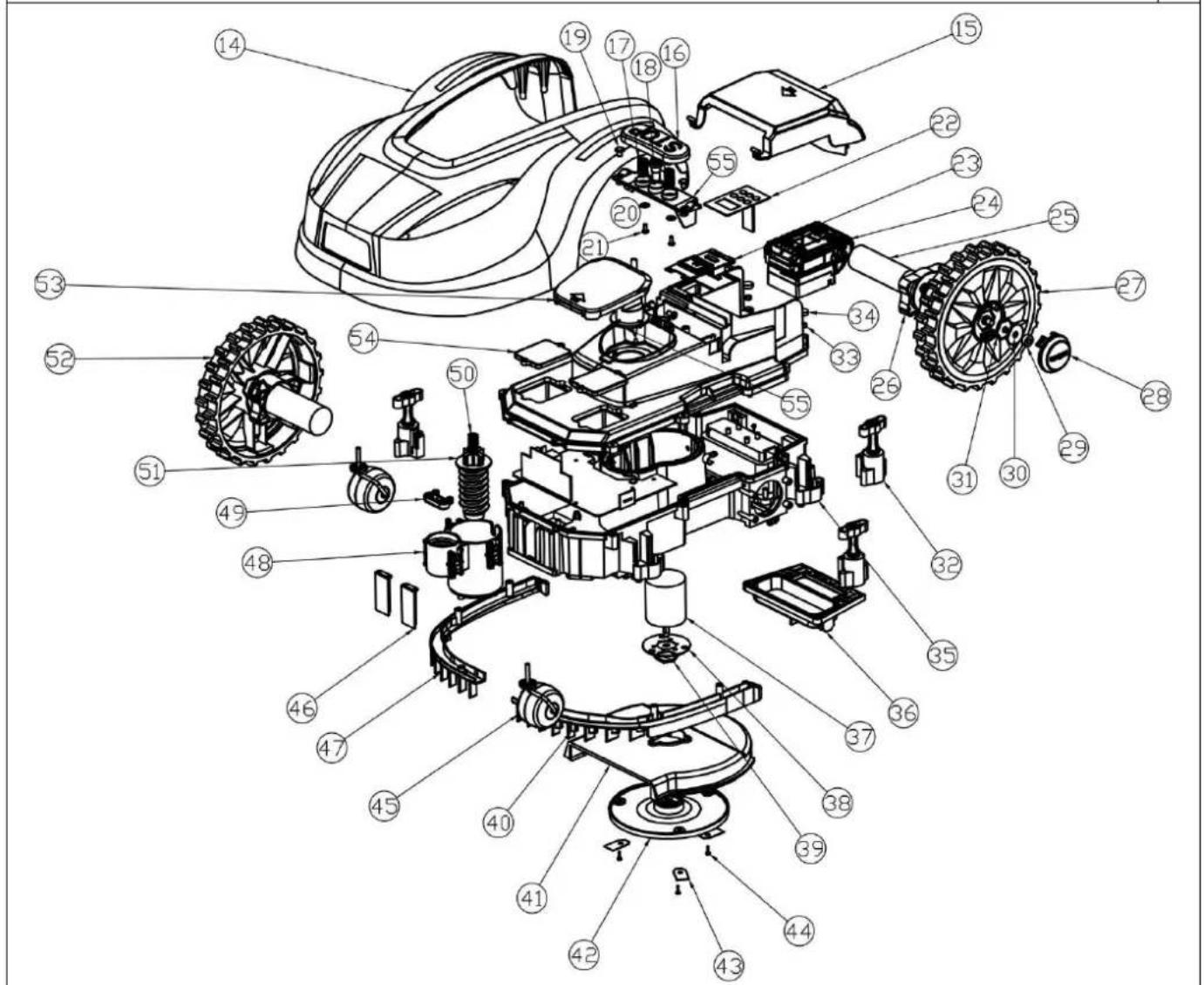Exploded view diagram of a robotic car with numbered parts for identification