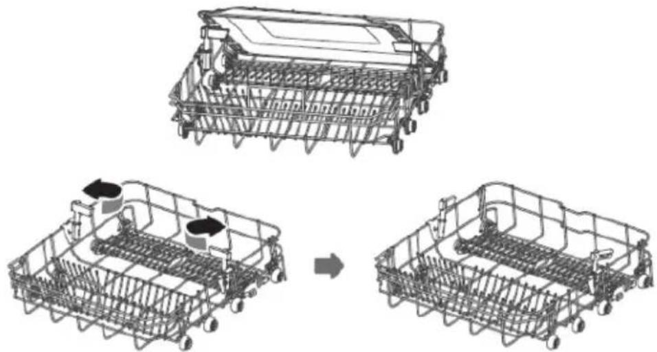 Three technical line drawings of a multi-wheeled cart assembly, showing structural changes before and after assembly (no text or symbols present)