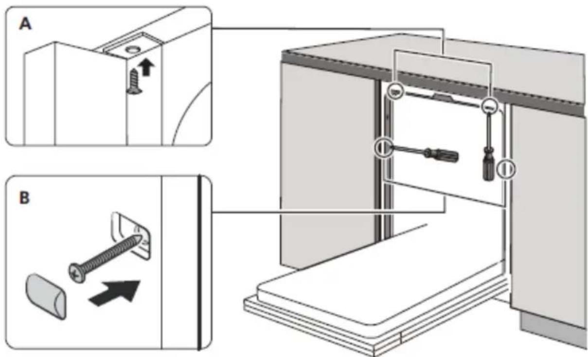Technical diagram showing two steps (A and B) of a mechanical assembly with screw fasteners and a switch, likely for installation or repair.