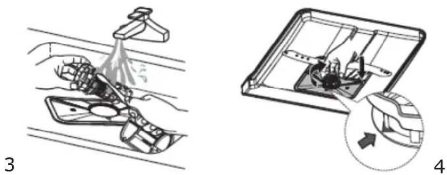 Technical illustration showing a hand washing a car with water spray and a close-up of the interior panel (no text or symbols)