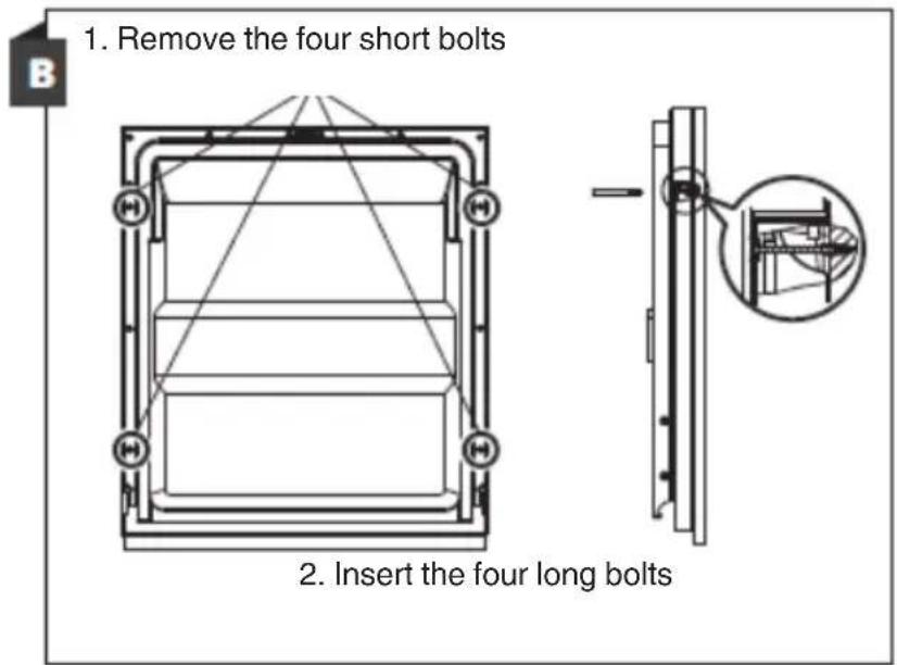 1. Remove the four short bolts 2. Insert the four long bolts