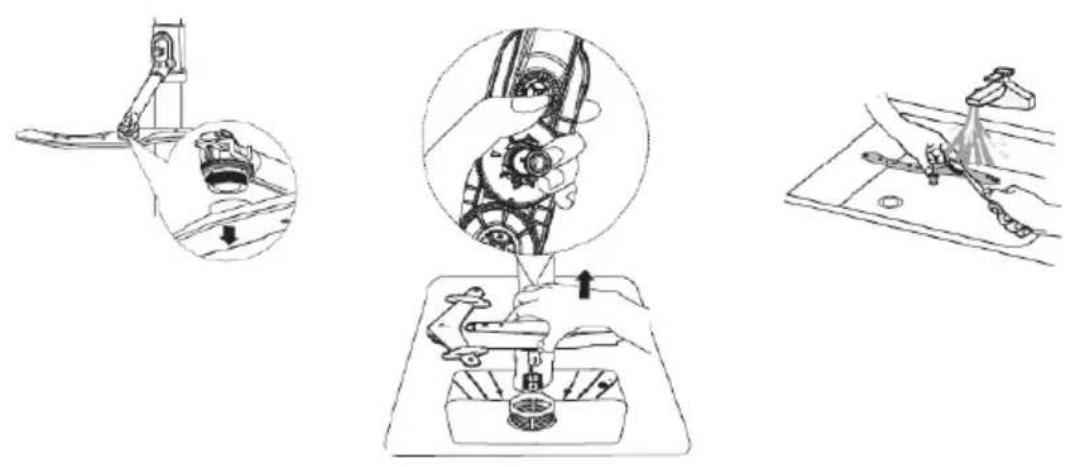Three-step diagram illustrating mechanical assembly steps: tool insertion, gear meshing, and cleaning (no text or labels)