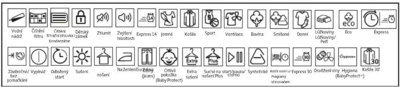 Vodní nádrž Čištění filtru Čištění filtrační zásuvka / zámek Kondenzátor Dětský Ztiumit Zvyšení hlasitosti Express 14 Jemné Košile Sport Ventilace Bavlna Smíšené Denní Lůžkoviny Lůžkoviny/ Peří Eco Express Závěrečné/ bez pomačkání Vypínač Odložený start Sušení nošení Na žehlení Suschána (Jeans) Citlivá pokožka (Baby Protect) Extra sušení Suché na nošení Plus surta/ pauza/ storno Syntetické Košik navlinu Programy szasovačem Express 30 Osvěžení vlny Hygiena (BabyProtect+) Košile 30'