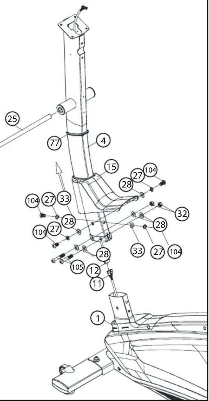 Technical diagram of a mechanical assembly with numbered components and directional arrows indicating assembly or movement.