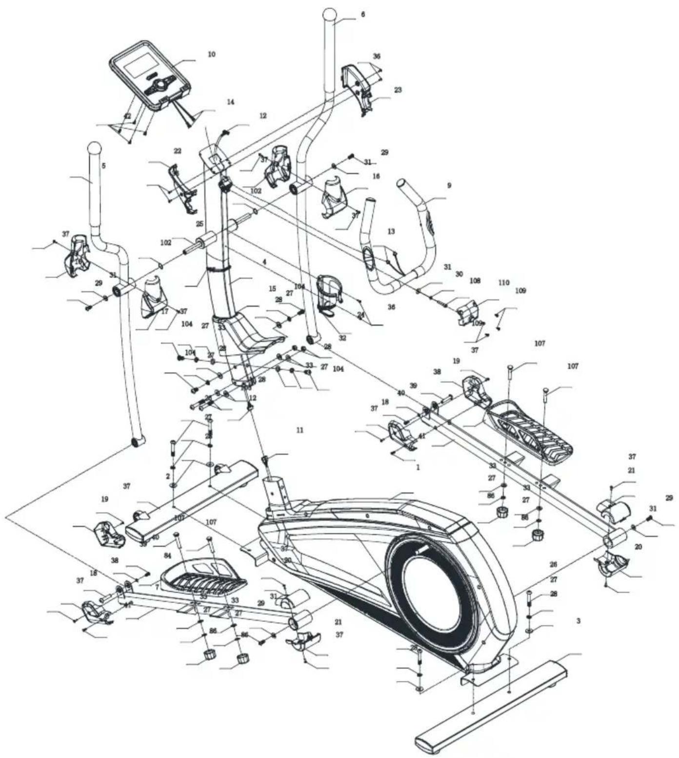 Technical diagram of an exercise machine with numbered components and labeled parts for technical reference.