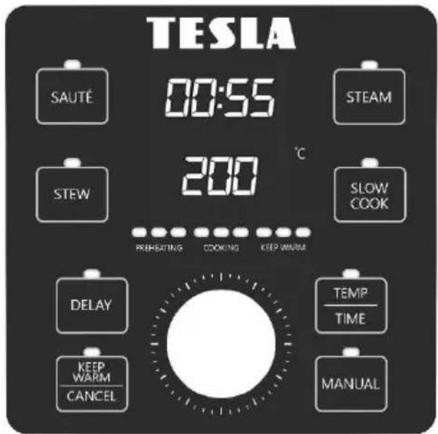 TESLA 00:55 200 °C SAUTÉ STEAM STEW SLOW COOK PREHEATING COOKING KEEP WARM DELAY TEMP TIME KEEP WARM CANCEL MANUAL
