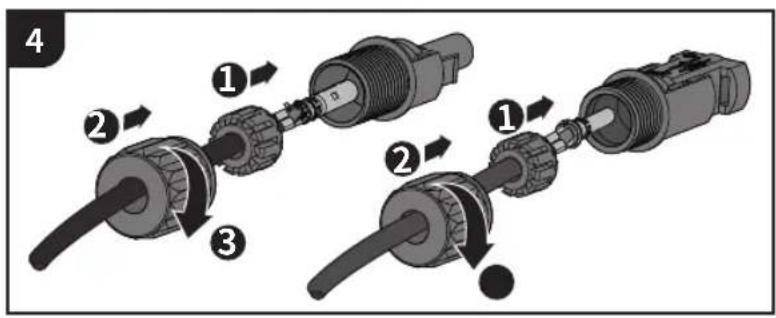 Diagram showing three-step assembly of a mechanical connector with numbered parts and directional arrows indicating motion.