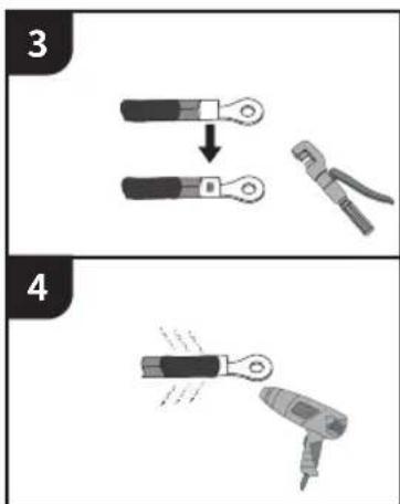 Diagram showing two-step tool manipulation: step 3 shows a wire being cut, step 4 shows a tool being inserted with motion arrows.