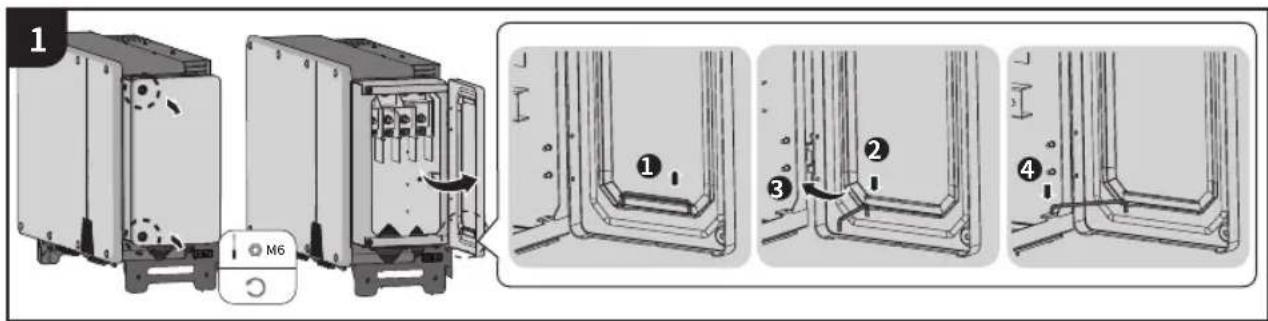 Technical diagram showing assembly steps of a device with labeled components and directional arrows