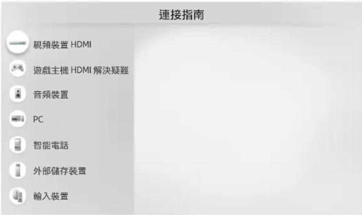 連接指南 視頻裝置 HDMI 遊戲主機 HDMI 解決疑難 音頻裝置 PC 智能電話 外部儲存裝置 輸入裝置