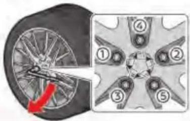 Diagram showing bicycle wheel and corresponding mechanical component with numbered parts, including a red arrow indicating direction.