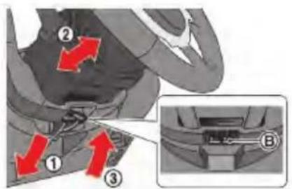 Diagram showing mechanical components with numbered annotations and directional arrows indicating motion or movement