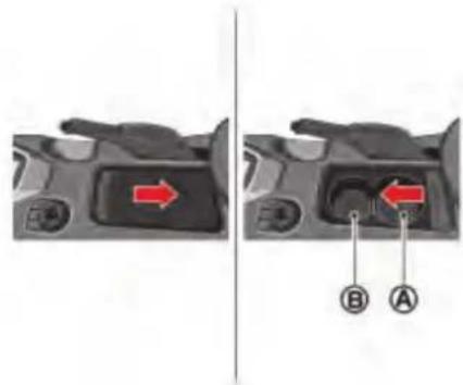 Diagram showing two views of a device's internal components with red arrows and labeled points A and B