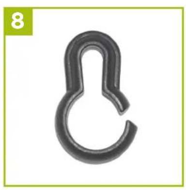 Close-up of a black chain-link hook with a green number 8 in the corner (no text or symbols on the hook itself)