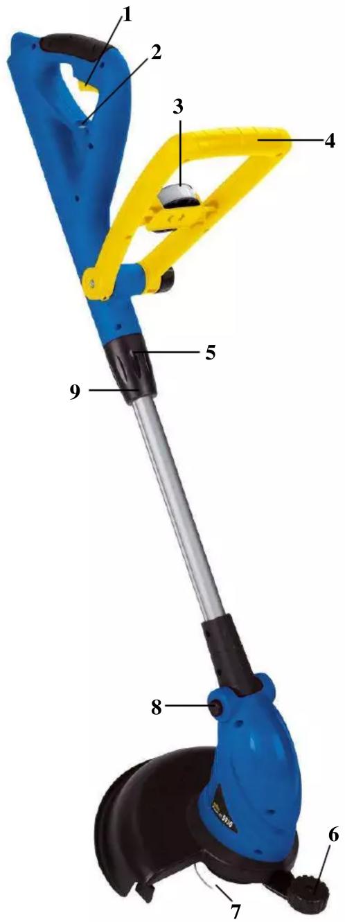 Labeled diagram of a blue and yellow cleaning tool with numbered parts from 1 to 9