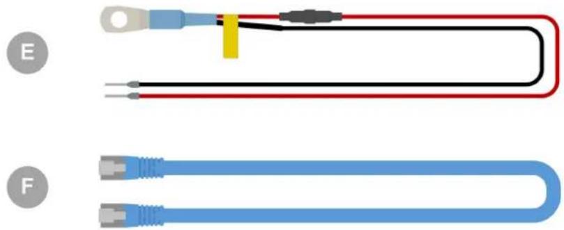 Two types of electrical connectors: a U-shaped wire with two terminal leads and a black U-shaped conductor with red wires, labeled E and F (no text or symbols on the diagrams themselves)