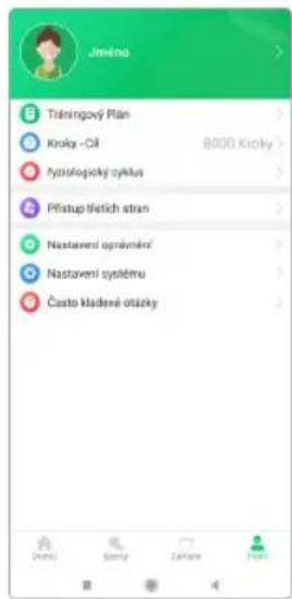 Jiméno Tráningový Plan Kroky -Ol 8000 Kroky Zyslofopický cyklus Přístup třetich strán Nastavení oprávnění Nastavení systému Často kladené orázky