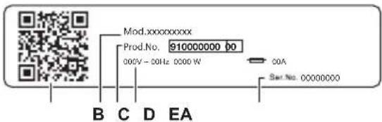 Mod.xxxxxxxxxx Prod.No. 910000000 b0 000V - 00Hz 0000 W COA Sat.No. 00000000 B C D EA