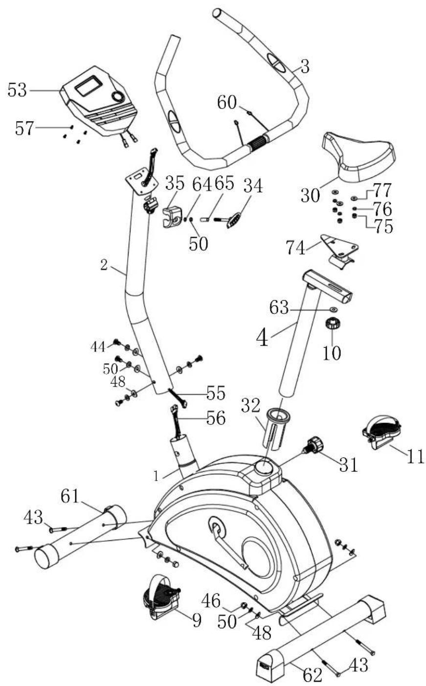 Technical diagram of a stationary exercise machine with numbered components and labeled parts