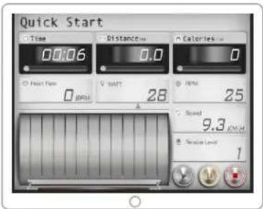 Quick Start Time Distance Calories 0.0 0 Point Rate V SMT 28 FMS 25 0 RPM A Sound 9.3 Sension Level 1