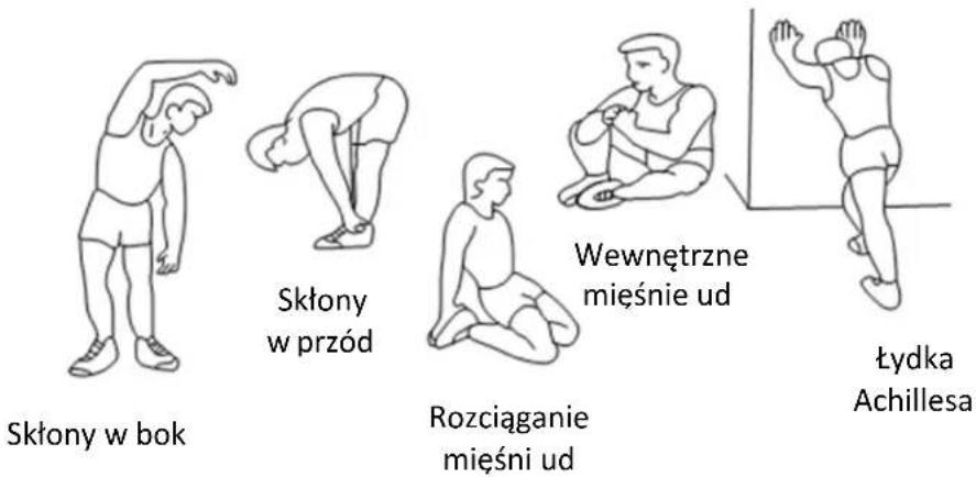 Skłony w bok Skłony w przód Rozciąganie mięśni ud Wewnętrzne mieśnie ud Łydka Achillesa