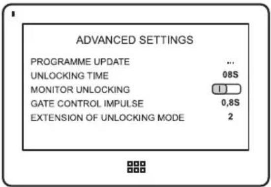 ADVANCED SETTINGS PROGRAMME UPDATE ... UNLOCKING TIME 08S MONITOR UNLOCKING 1) GATE CONTROL IMPULSE 0.8S EXTENSION OF UNLOCKING MODE 2