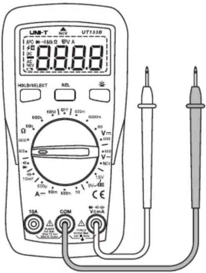 UNI-T NCV UT133B APC ←-0.0kΩ 8V A 5Ω DC AC NCV 8.8.8.8 HOLD/SELECT REL 600Ω 60M OFF 600Ω 600Ω V~ 600 - 600 V~ NCV 12mF 920μ A- 60m 600m 10 9V-III CE 10A COM V0mA PLUMB 14.0Ω 100Ω 100Ω Max 10Ω 850Ω 10Ω 850Ω 10Ω 850Ω 10Ω