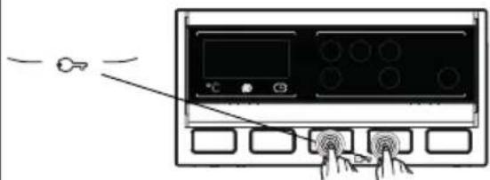 Diagram of a device control panel with labeled buttons and a pointer indicating a location or connection point.