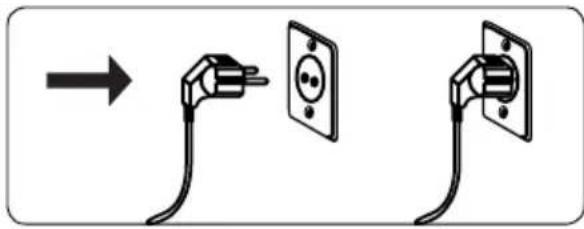 Diagram showing how to open a plug into an electrical socket, with an arrow indicating the process.
