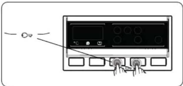 Diagram of a device control panel with labeled buttons and a pointer indicating input or output.