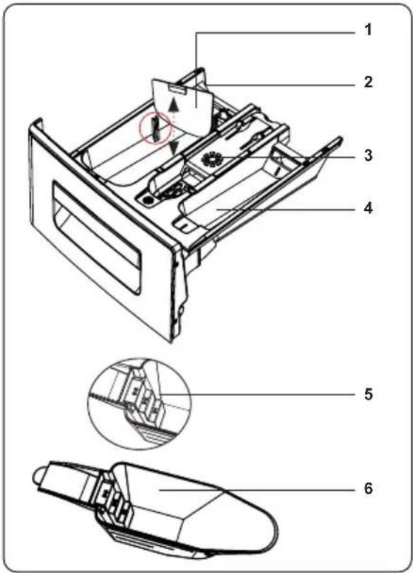 Technical diagram of a device's internal structure with numbered parts and exploded views