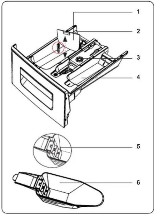 Technical diagram of a device's internal structure with numbered parts and exploded views