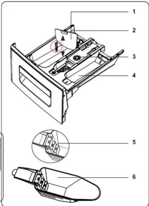 Technical diagram of a device's internal structure with numbered parts and exploded views