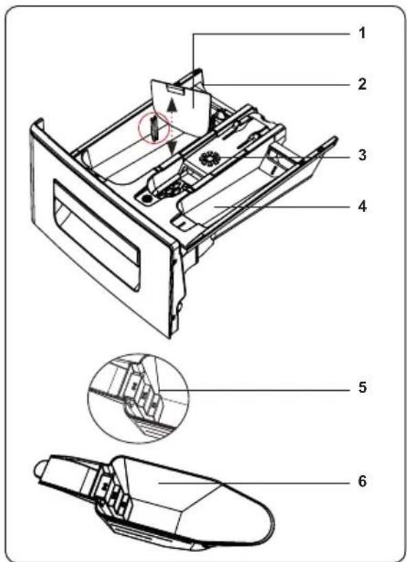 Technical diagram of a mechanical device with numbered components and exploded views