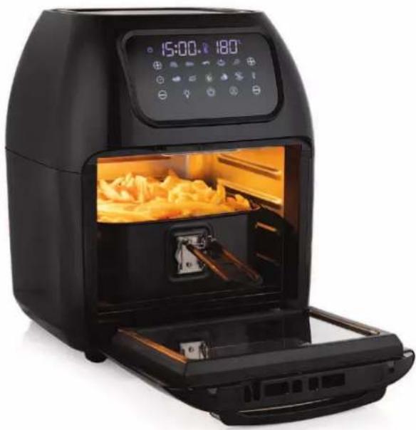 Black air fryer oven with digital display and open oven, no visible text or symbols