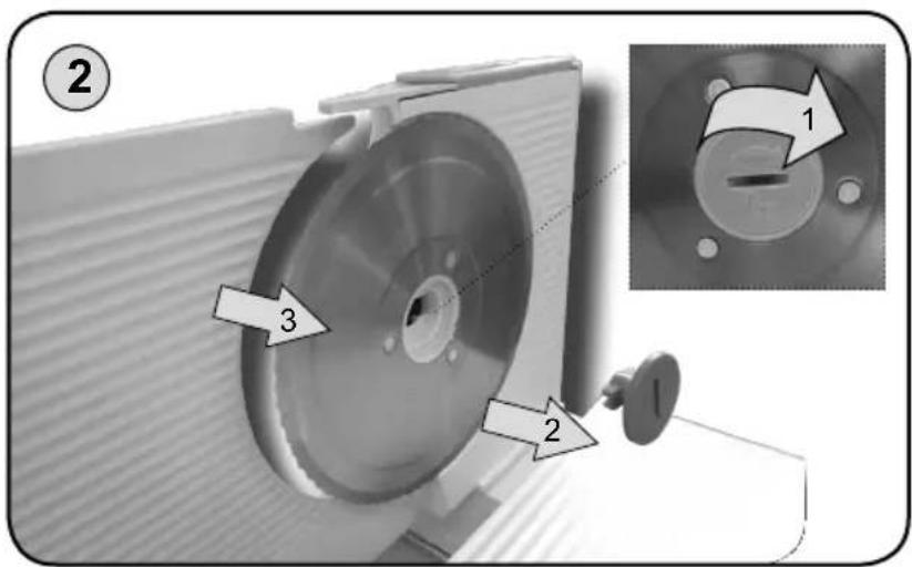 Technical diagram showing a mechanical device with labeled parts and an inset close-up of the component, marked with numbers 1 and 2.