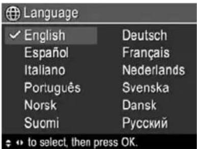 Language ✓ English Deutsch Español Français Italiano Nederlands Português Svenska Norsk Dansk Suomi Rусский to select, then press OK.