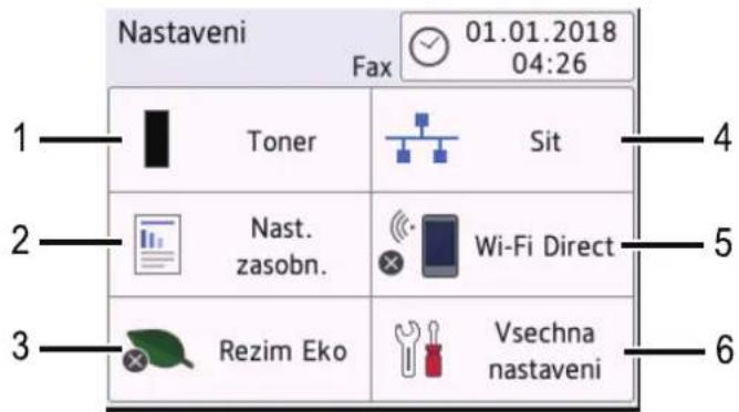Nastaveni Fax 01.01.2018 04:26 Toner Sit Nast. zasobn. Wi-Fi Direct Rezim Eko Vsechna nastaveni
