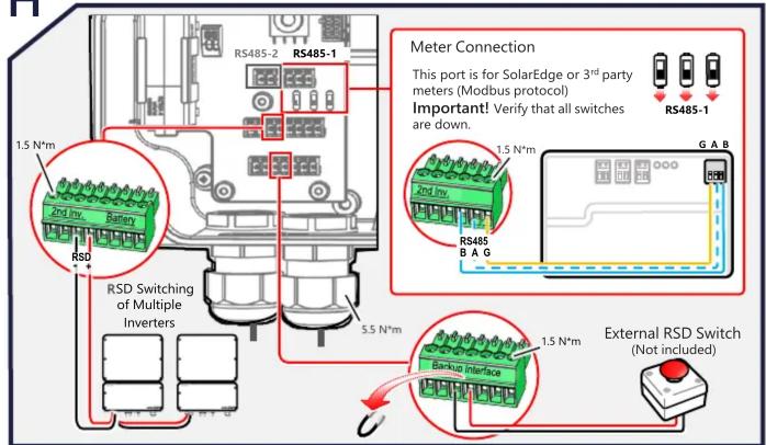 RS485-2 RS485-1 1.5 N*m RSD RSD Switching of Multiple Inverters 5.5 N*m Meter Connection This port is for SolarEdge or 3rd party meters (Modbus protocol) Important! Verify that all switches are down. 1.5 N*m RS485 B A G G A B External RSD Switch (Not included)