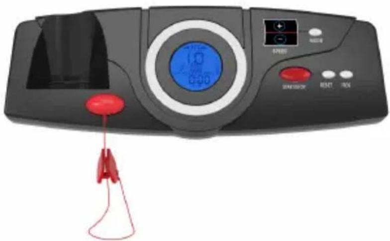 Black analog device with digital display and red control buttons, no visible text or symbols