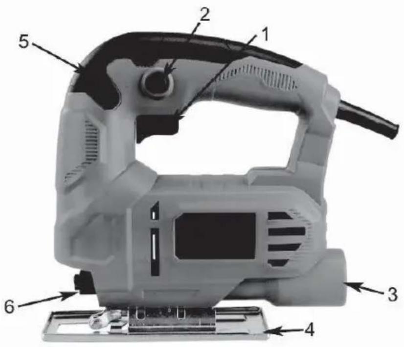 Labeled diagram of a power tool with numbered parts for identification