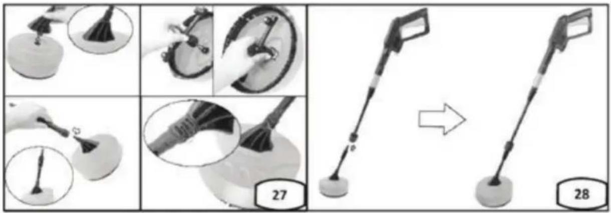 Instructional diagram showing a tool being processed with a magnifying glass, labeled with steps 27 and 28.
