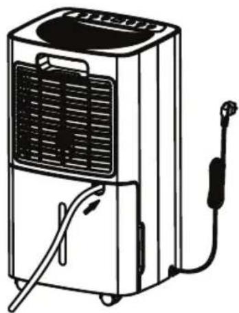 Line drawing of a portable air purifier with cooling fan and attached plug (no text or symbols)