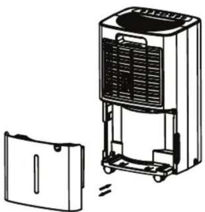 Technical line drawing of a portable air conditioner unit with open lid and side panel (no text or symbols)