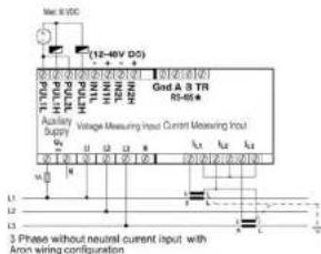 Max. R/DC (12-46V D5) T1 T2 H1 H2 H2 H3 T1 N H2 N T2 N AUX/AF Supply Voltage Measuring Input Current Measuring Input Grid A & B TR R2-46a 3 Phase without neutral current input with Aron wiring configuration